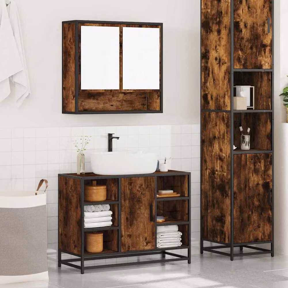 Berkfield Home 2 Piece Industrial Bathroom Furniture Set in Smoked Oak Brown featuring Vanity Unit and Mirror Cabinet – 3