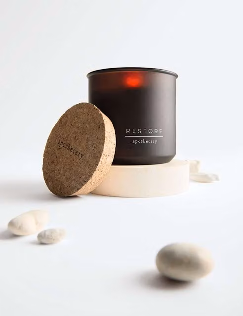 Apothecary Restore Refillable Amber Glass Tabletop Candle with Woody, Floral and Fresh Scents