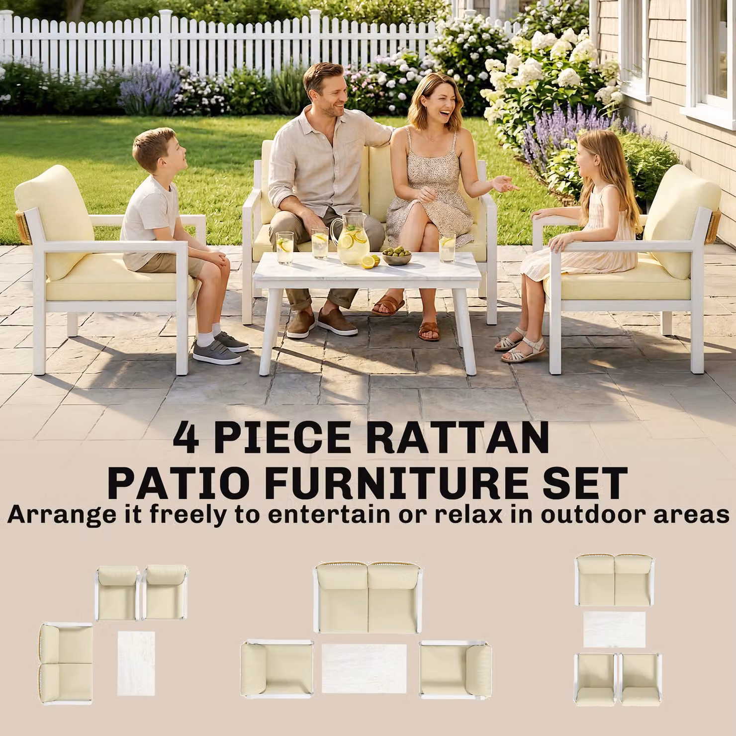 Outsunny 4 Seater Rattan Garden Furniture Set with Cushions in Brown and White – 3