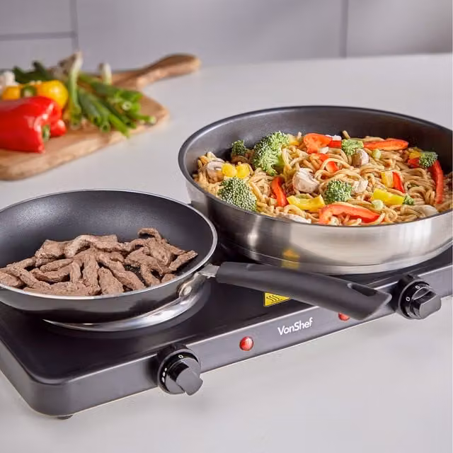 VonShef Portable Electric Double Hot Plate with Cast Radiant Elements and Analog Display, Black