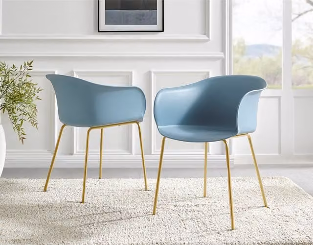 FurnitureboxUK Set of 2 Harper Plastic Dining Chairs with Gold Metal Legs in Blue