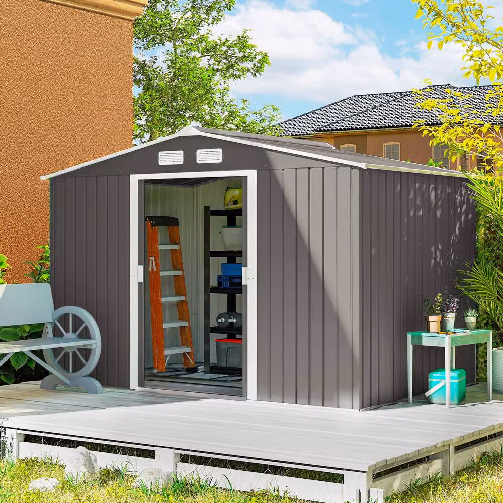Rolipo Metal Garden Shed with Sliding Doors and Side Ventilation, Light Grey, W: 274.32 cm, D: 182.88 cm, H: 274.32 cm – 2