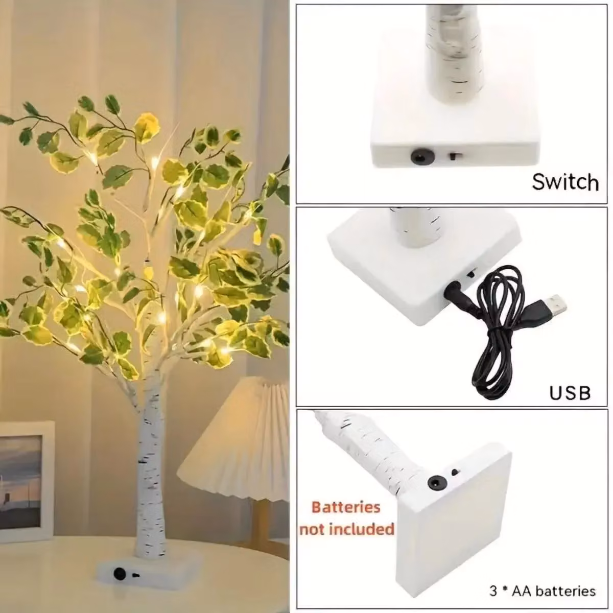 Smartbies Pre Lit Birch Christmas Tree in White and Green, Battery Operated or USB Plug-In, W/D/H: 60.96 x 10.16 x 10.16 cm – 2