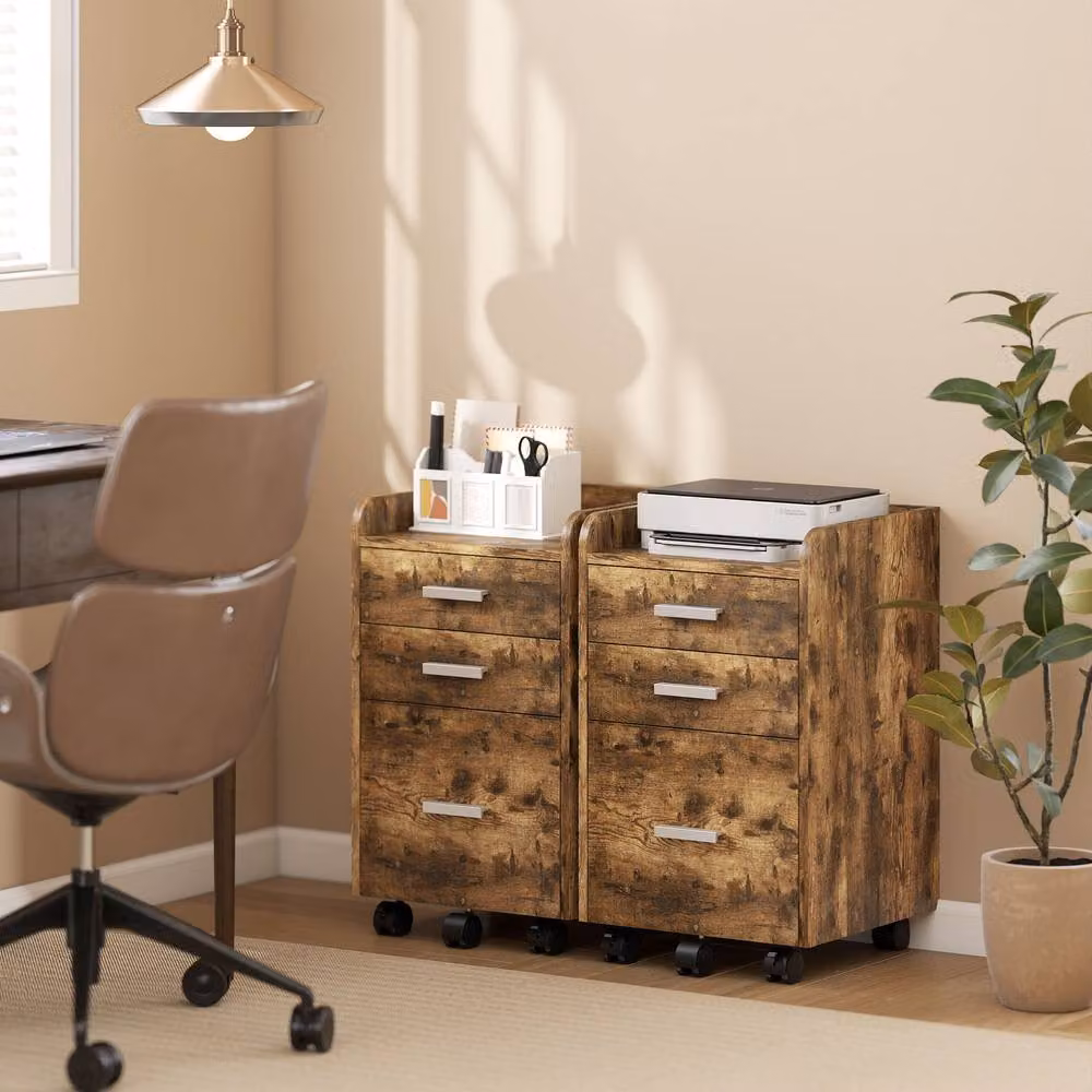 STILVORA 3-Drawer Filing Cabinet with Castors, Rustic Dark Brown – 8