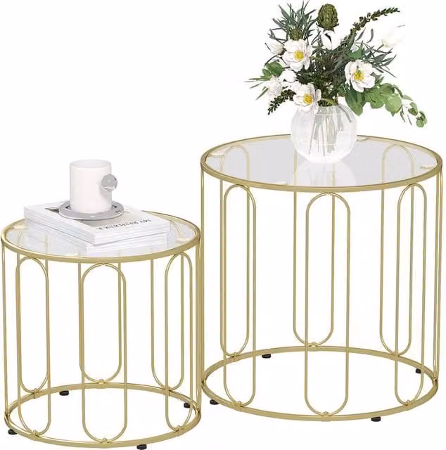 EONLION Gold Round Glass and Metal Coffee Table Set of 2 with Nested Tops, Diameter: 100 cm – 1