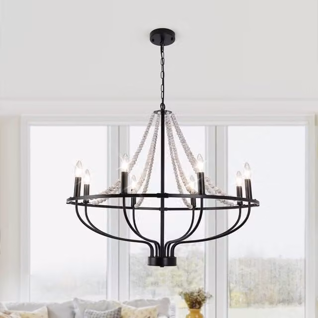 NIVOR 8 Light Dimmable Wagon Wheel Chandelier with Beaded Accents, Adjustable, Black