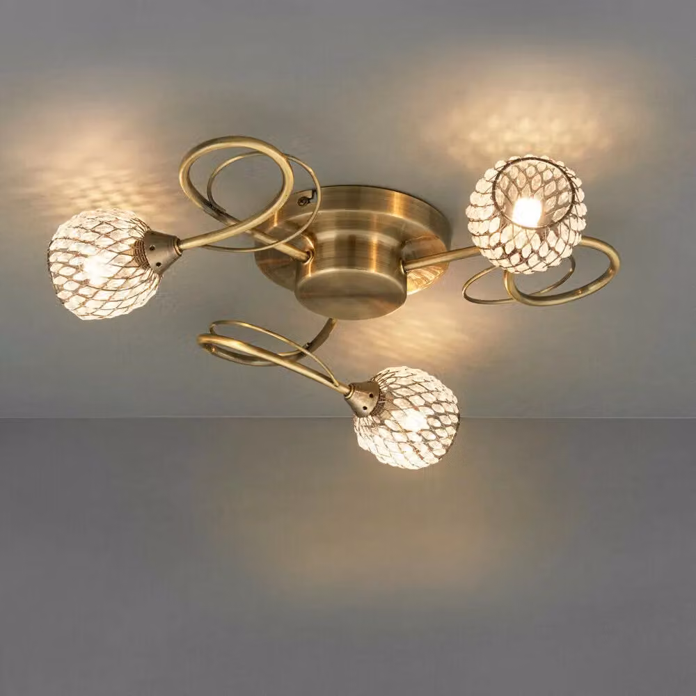 Loops Semi Flush Ceiling Light in Brass with Transparent Glass Beads for 3 Bulbs – 2