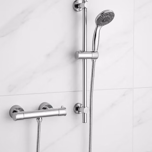 Bathroom Kingdom Menai Premium Chrome Round Thermostatic Bar Shower Set with Hand Shower in Silver