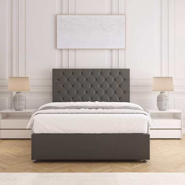 BSSPOKE Mia Small Double Plush Velvet Divan Bed with 2 Drawers and 24 inch Headboard and Mattress in Grey, W/D/H: 120 x 200 cm