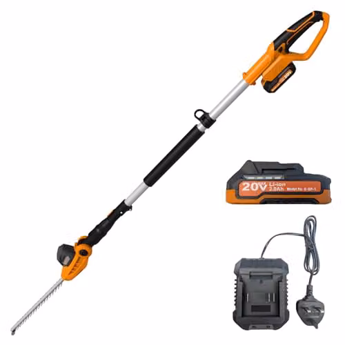 Cordless Long Reach Pole Hedge Trimmer with 420mm Blade and 16mm Teeth in Orange, including 20v Rechargeable Battery and Quick Charger – 1