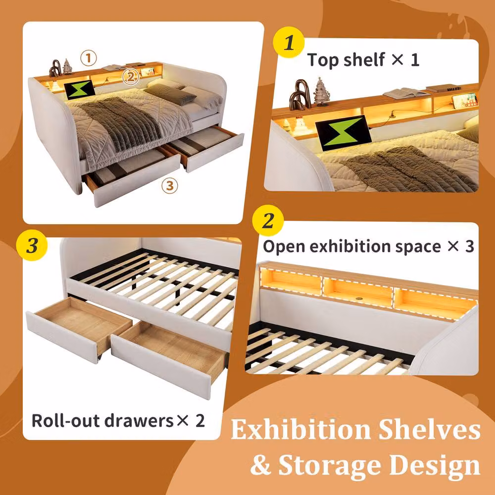 ModernLuxe Upholstered Single Daybed in Beige with LED, USB Charging Port and 2 Drawers, W/D/H: 190 x 90 x 70 cm – 4
