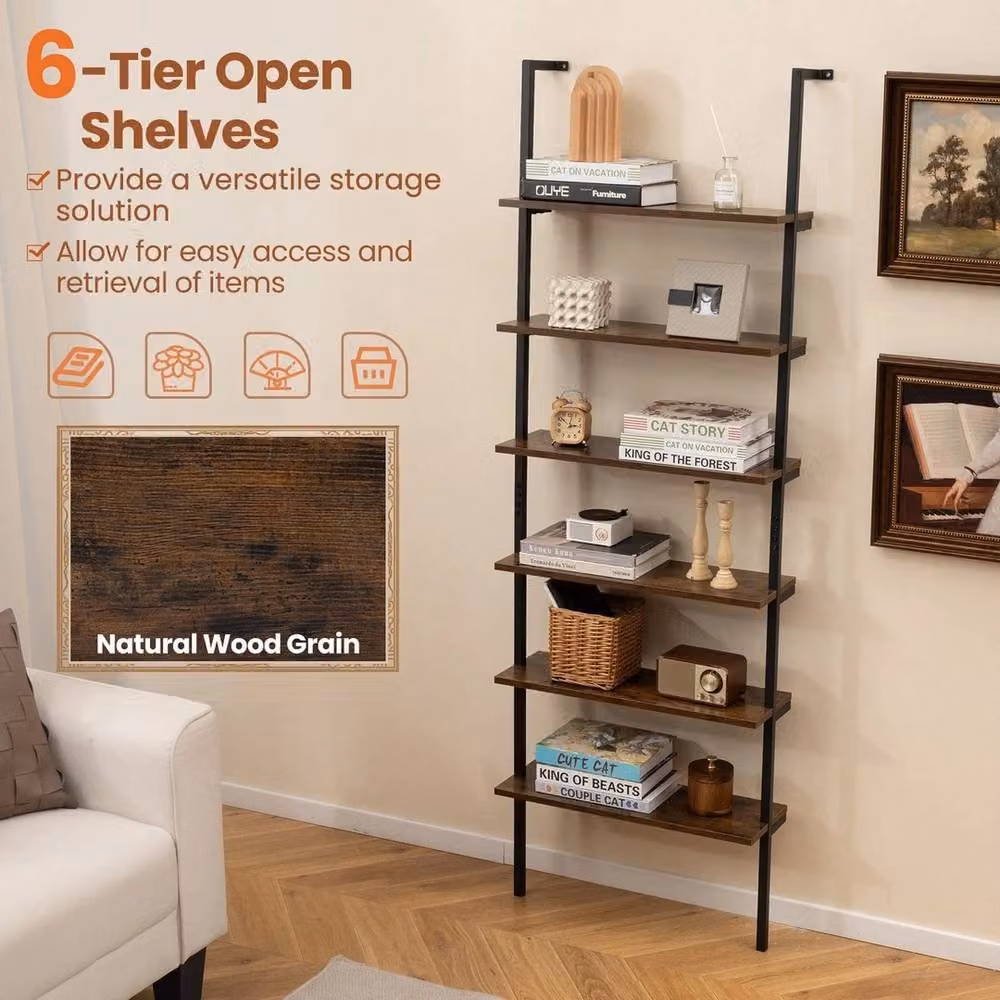 FORGEVIO 6-Tier Industrial Ladder Shelf with Metal Frame in Brown – 4