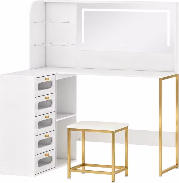 HOMCOM L-Shaped Dressing Table with LED Mirror, Stool and Drawers in White and Gold – 1