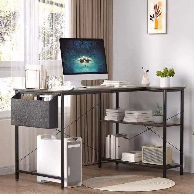 Levede L-Shaped Corner Computer Desk in Brown for Home Office
