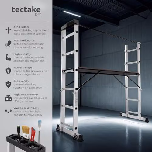 tectake Aluminium Multi-Purpose 4-in-1 Ladder in Silver with 150 kg Capacity and Rollable Rubber Feet – 2