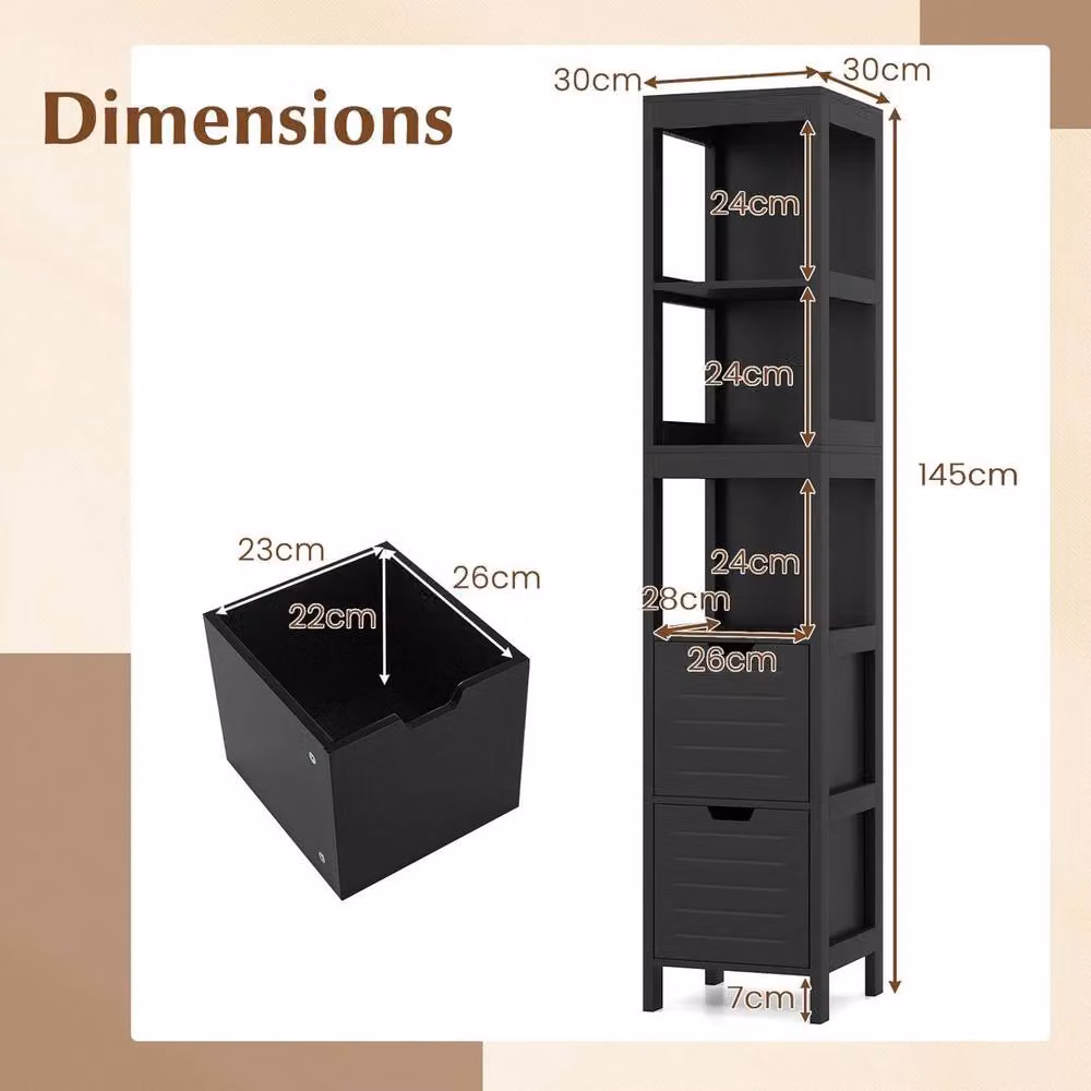 KORVIXA Narrow Freestanding Floor Cabinet with 2 Drawers in Black Wood – 2