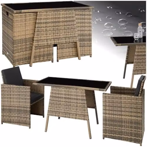 tectake Rattan Bistro Set with 2 Chairs and 1 Glass Top Table in Natural Brown