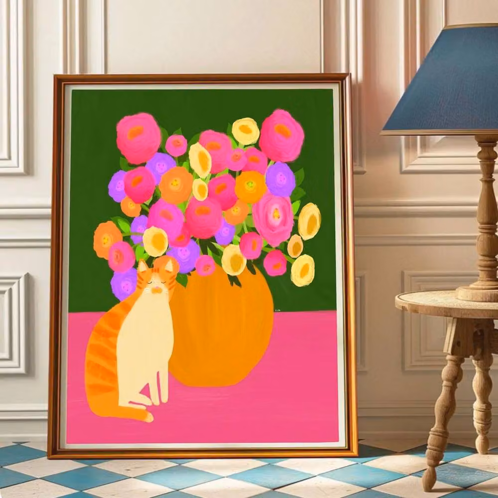 The Paper Tail Ginger Cat and Roses Multicolour Floral Art Print, A3 – 2