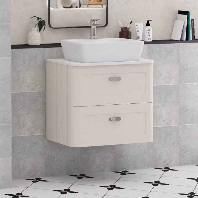 Royal Bathrooms Henley 600mm Wall Hung Vanity Unit in Mushroom Cashmere with 2 Drawers, Plain White Worktop, Cube Basin and Chrome Knob