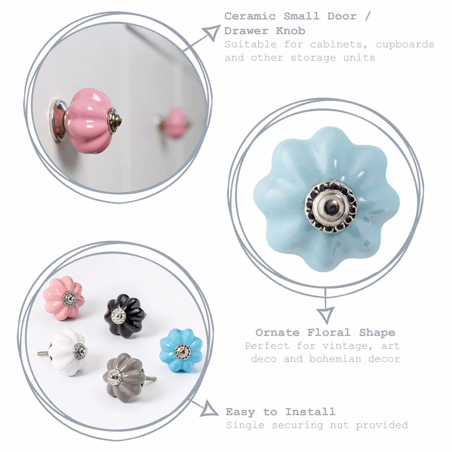 Nicola Spring Grey Floral Ceramic Cabinet Knob – 2