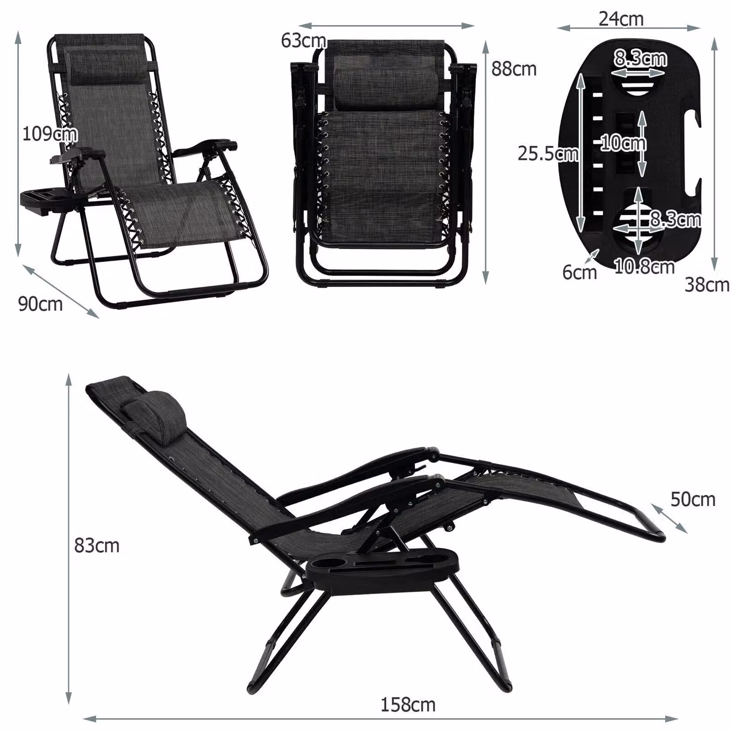 Costway Set of 2 Grey Zero Gravity Folding Recliner Chairs with Removable Headrests for Garden and Terrace – 2