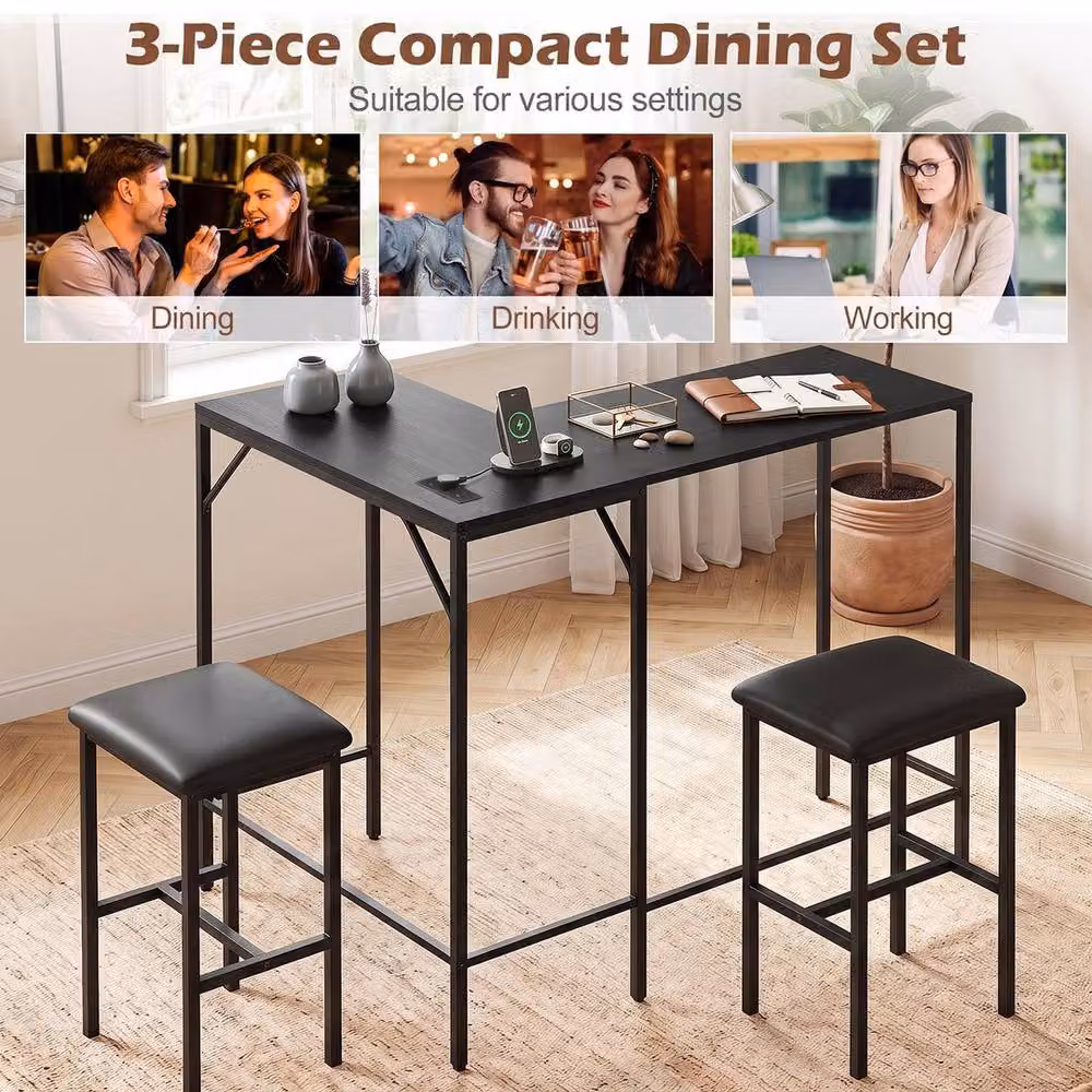 KORVIXA Black 3-Piece Industrial Metal Bar Table and Chair Set – 4