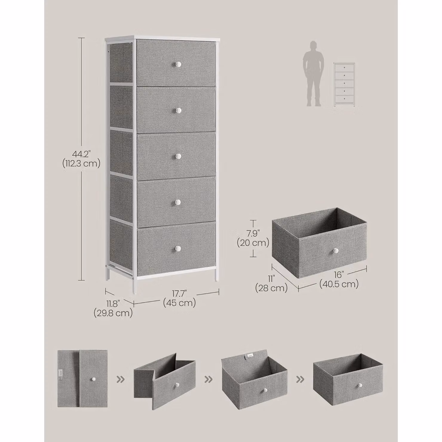 SONGMICS Slim Chest of Drawers with 5 Fabric Drawers and Metal Frame in Grey – 2