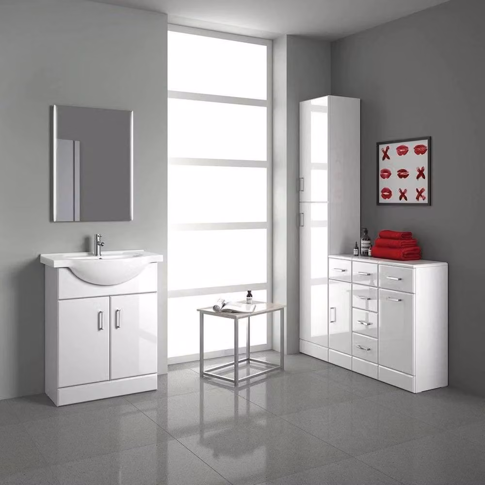 SPETLEK White Glossy Bathroom Vanity Unit and Under Sink Basin Storage with Hinged Doors and Internal Shelves – 3