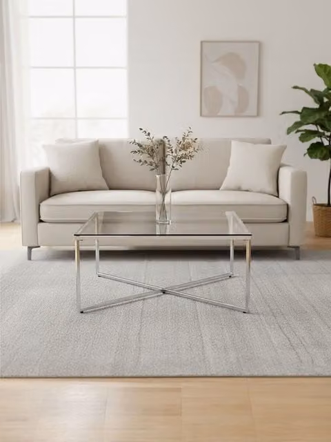 Orsina Modern Square Glass Coffee Table with Silver X-Frame Base, W: 80 cm, D: 80 cm, H: 44 cm