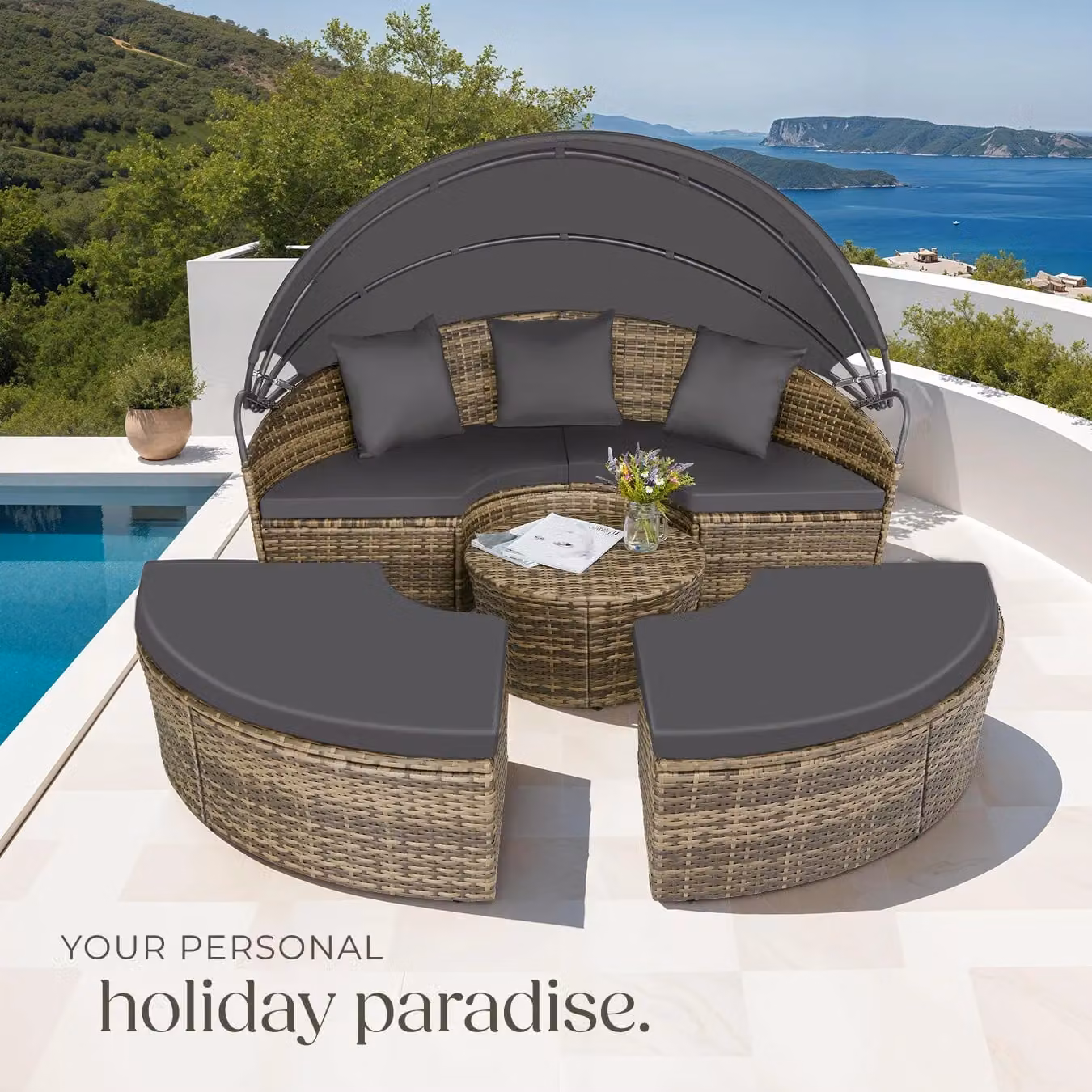 tectake Santorini Modular Garden Sun Lounger Set with Shade Canopy in Sand Beige for 4 Adults – 8