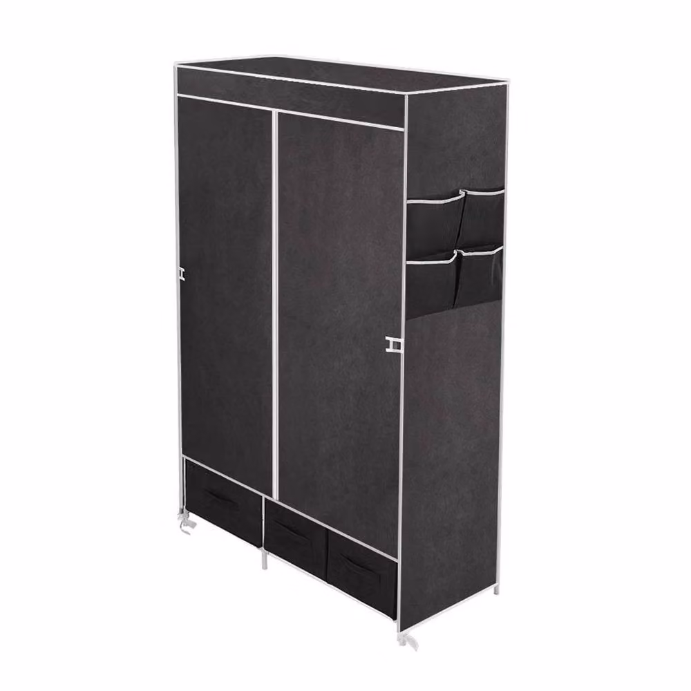 FLAVORA Black Portable Non Woven Fabric Wardrobe Closet with Integrated Drawers and Hanging Rod, H 165 cm x W 104 cm x D 40 cm – 2