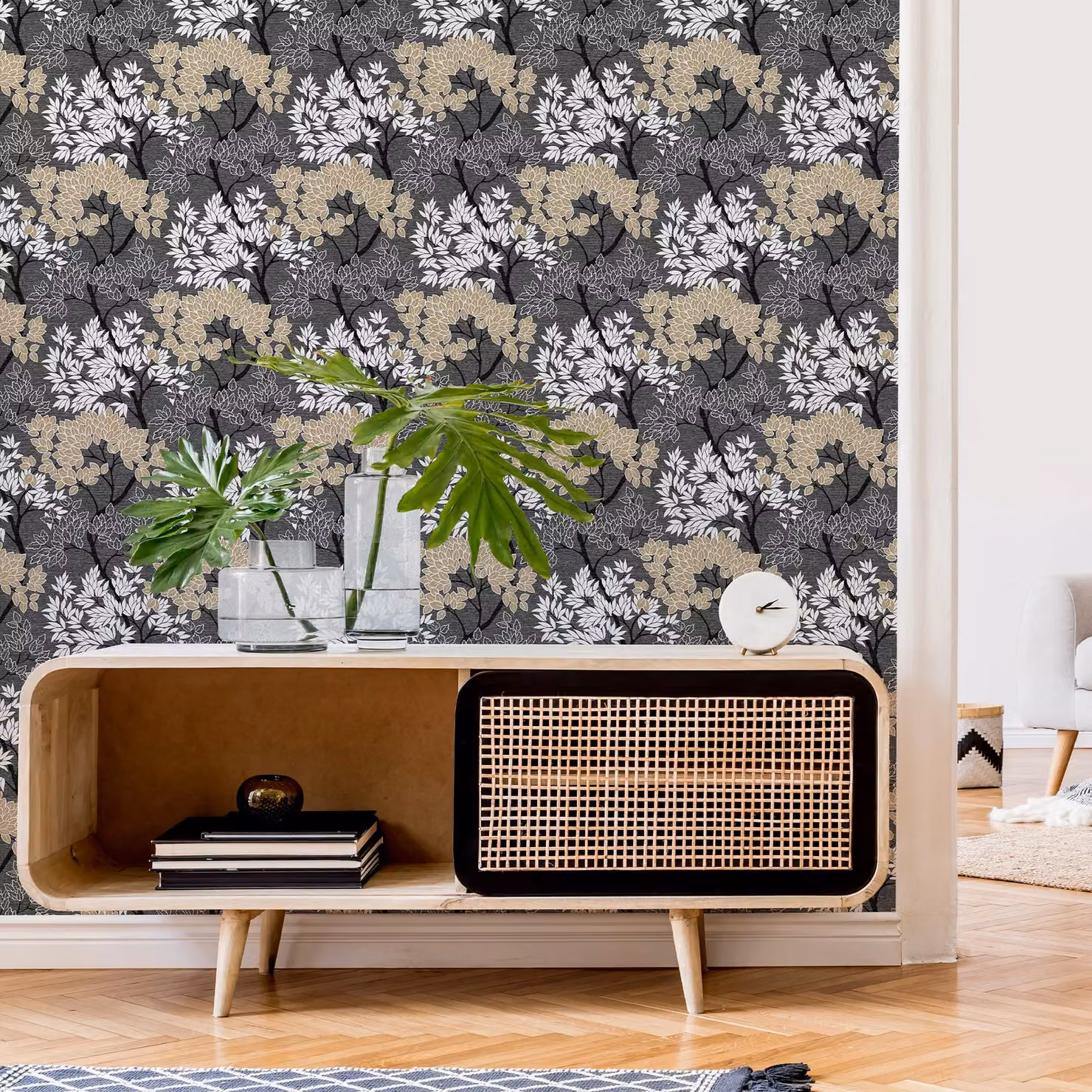 Fresco Lykke Silhouette Forest Floral Wallpaper in Black, White and Grey, Width: 52 cm – 3