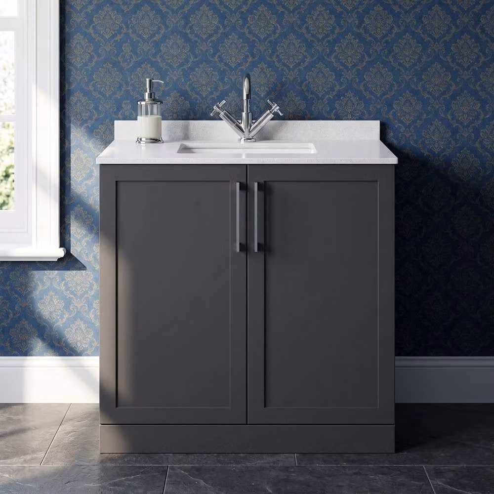 Balterley Stonnall 2 Door Bathroom Vanity Unit with Marble Top and Basin, Dark Grey, Width: 80 cm – 2
