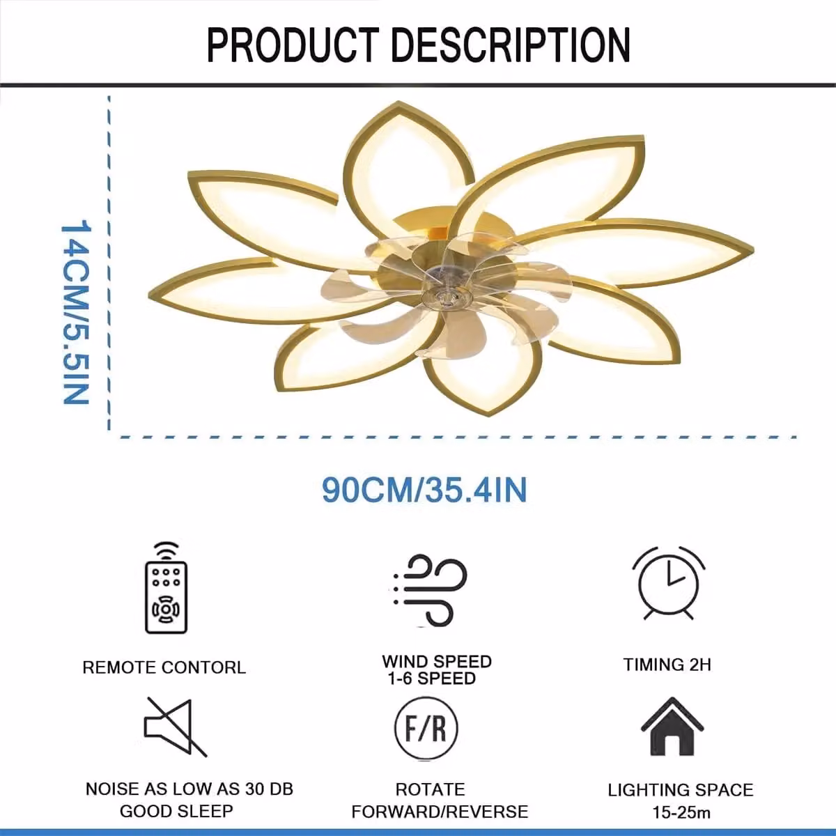 Garwarm 7-Blade Reversible Dimmable LED Ceiling Fan in Yellow and Gold/Brass, 90 cm – 2