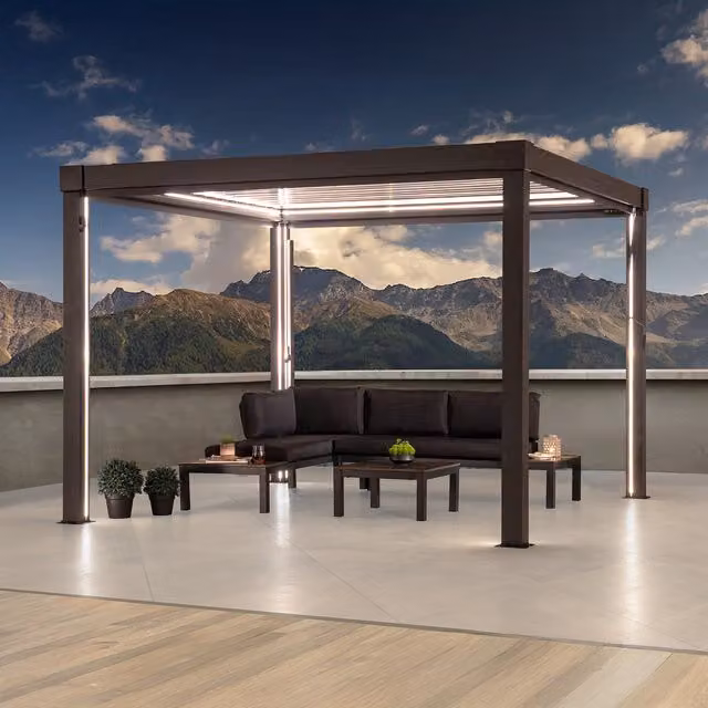 Sunjoy Solar LED Louvered Pergola in Anthracite Grey, W/D/H: 306 x 306 x 306 cm