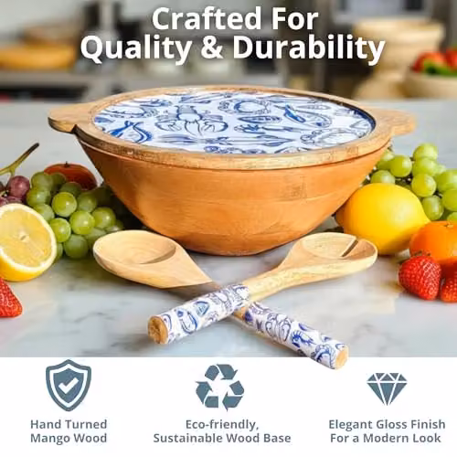Hartsmede Mango Wood Salad Bowl with Lid and Spoons, Ocean Blue – 4