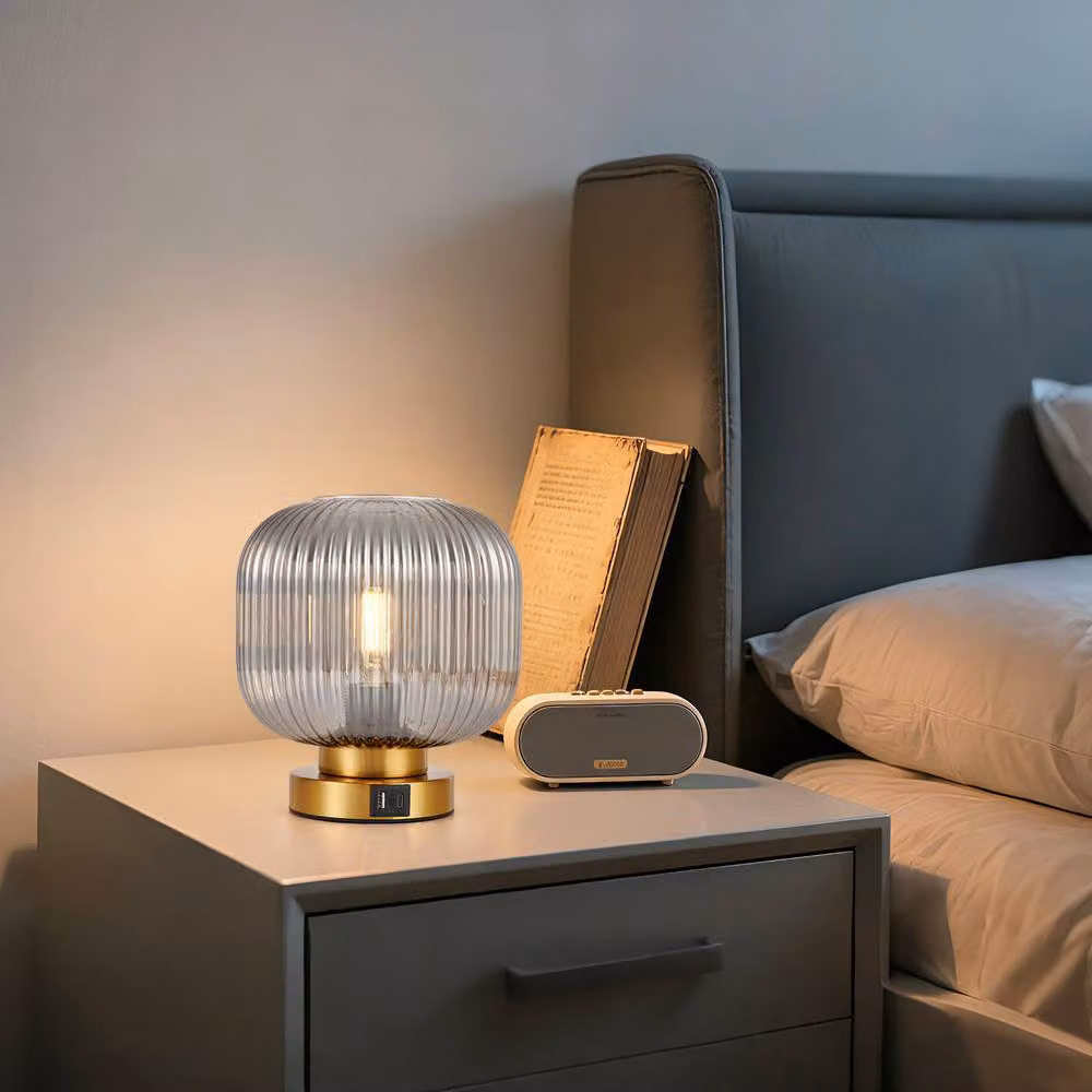 Harper Living Dimmable Touch Control Table Lamp with Smoked Grey Glass Shade and Gold Brass Base, E27 Socket – 6