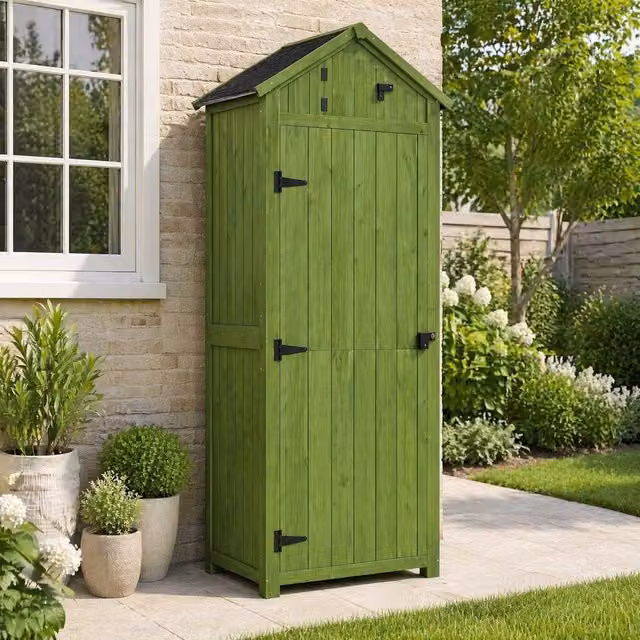 STILVORA Green Lacquered Wood Garden Storage Cabinet with Internal Shelves and Lock