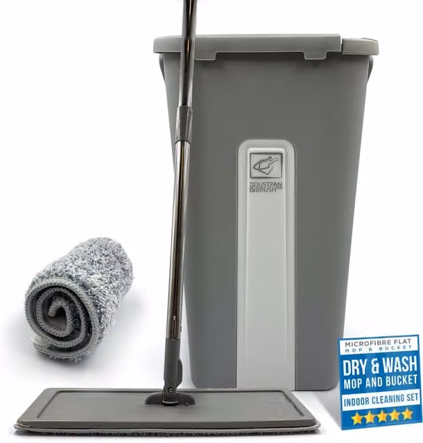 The Dustpan and Brush Store Flat Mop and Bucket Set with Built-In Wringer, 360 Degree Swivel Head and 2 Microfibre Pads, Grey