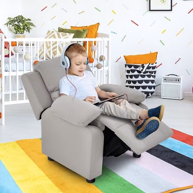 Costway Kids Recliner Sofa in Grey with Armrests and PU Leather Finish