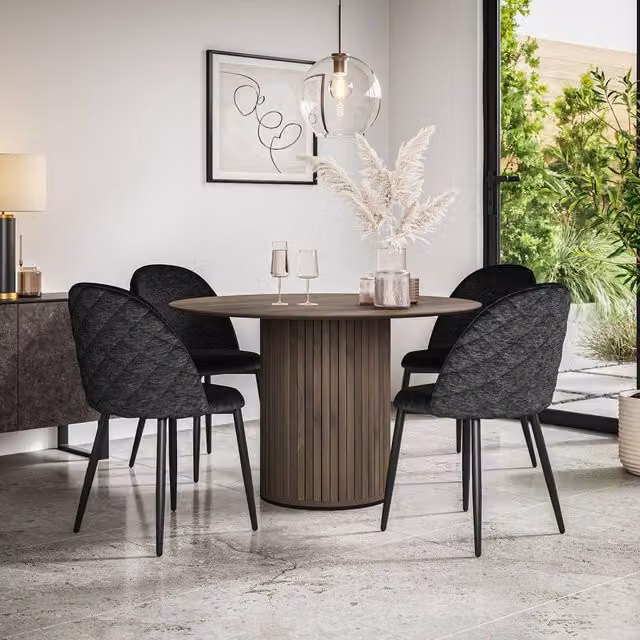 More4Homes Arlo Walnut Round Dining Table and 6 Black Raye Velvet Dining Chairs Set