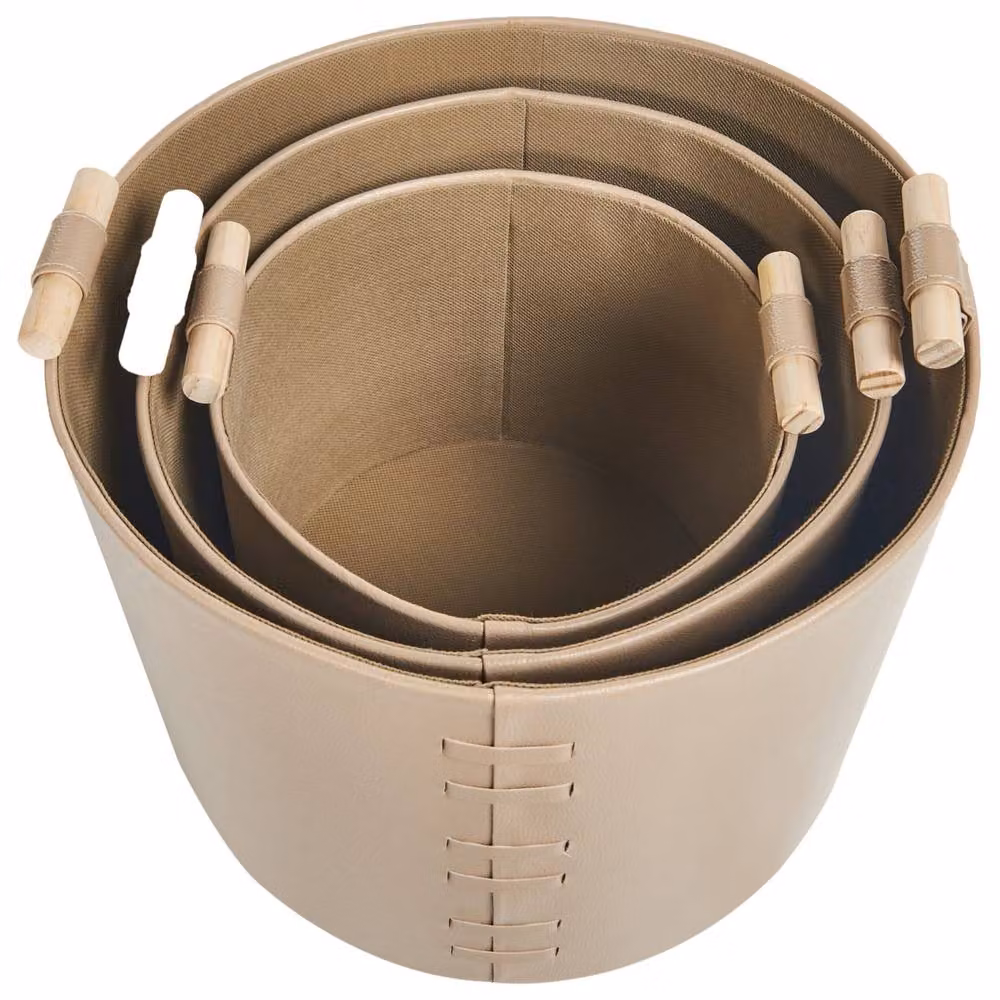Wyld and Coco 3-Piece Beige Faux Leather Storage Baskets with Handles – 3