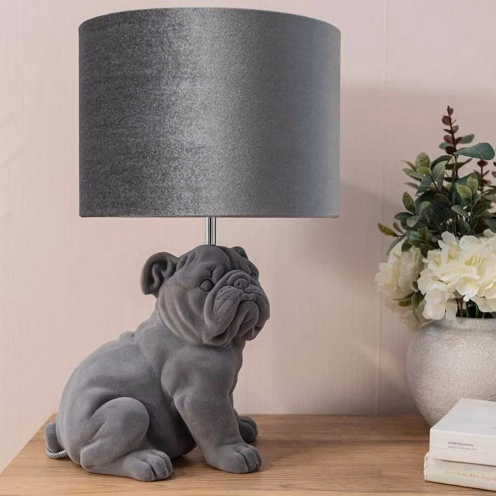 FORGEVIO Grey Velvet Bulldog Table Lamp with Replaceable LED Bulb – 2