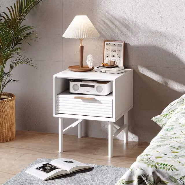 Livingandhome White Striped Wooden Nightstand with Media Compartments