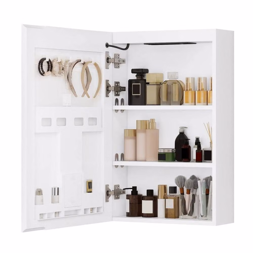 FORGEVIO Modern Single Door Bathroom Mirror Cabinet in White with 3-Colour LED Lighting and Shaver Socket – 2