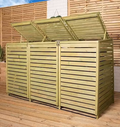 Samuel ALEXANDER Brown Wooden Triple Wheelie Bin Store for 3 Bins (1 Single and 1 Twin), W: 202 cm, D: 122 cm – 2