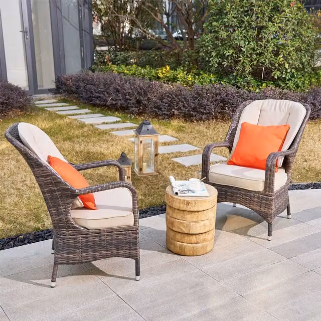 Direct Wicker 3-Piece Outdoor Garden Bistro Set with Rattan Chairs and White Concrete Side Table in Natural and Brown