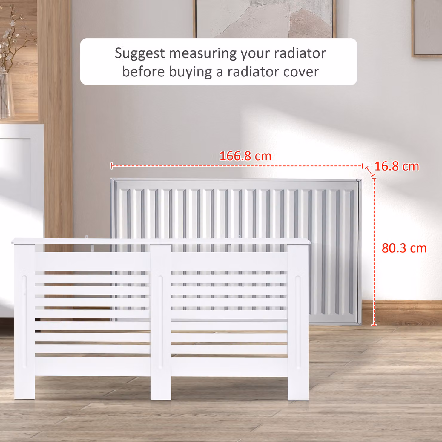 HOMCOM Modern White MDF Radiator Cover Cabinet with Slatted Design, W: 172 cm, D: 19 cm, H: 81 cm – 3