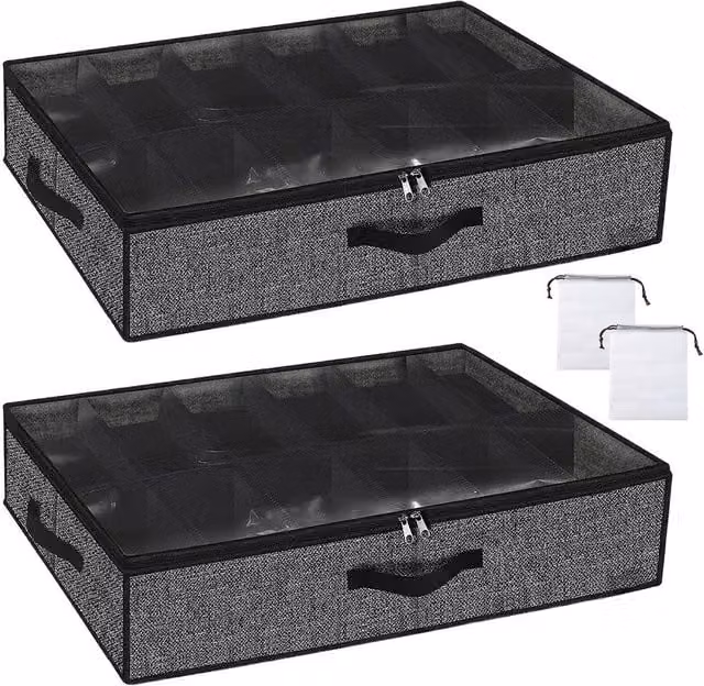 Ventryn 2-Piece Foldable Under Bed Shoe Storage Organisers in Grey with Transparent Windows – 1