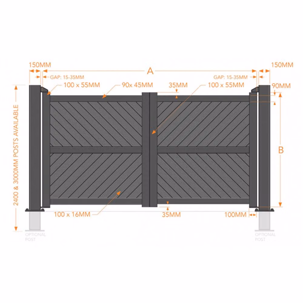 Ready Made Gates Double Swing Gate with Diagonal Solid Infill and Flat Top, Black, W: 400 cm, H: 220 cm – 3